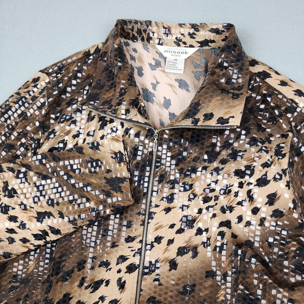 Misook Jacket Womens 1X Brown Animal Print Knit Full Zip Collared Lightweight